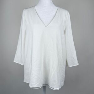 Cooper & Ella White Lined V-Neck 3/4 Sleeve Split Back Blouse Top Small